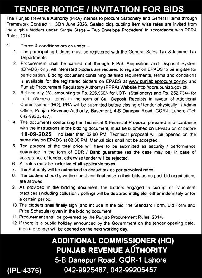 The Punjab Revenue Authority Lahore Tender Notice